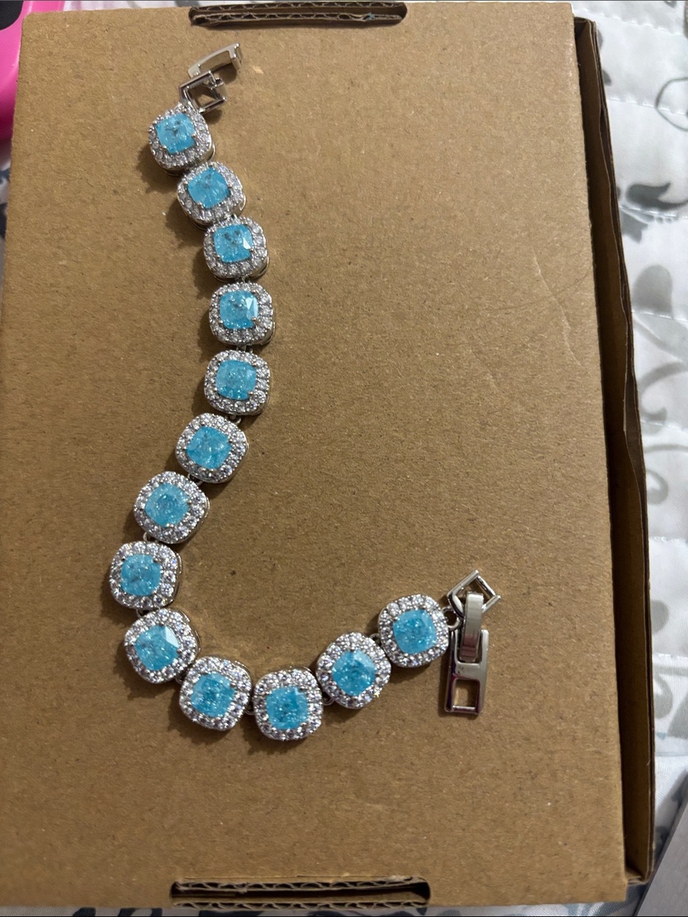 Silver Bracelet with Aqua Blue Cushion Stones and Halo Crystals